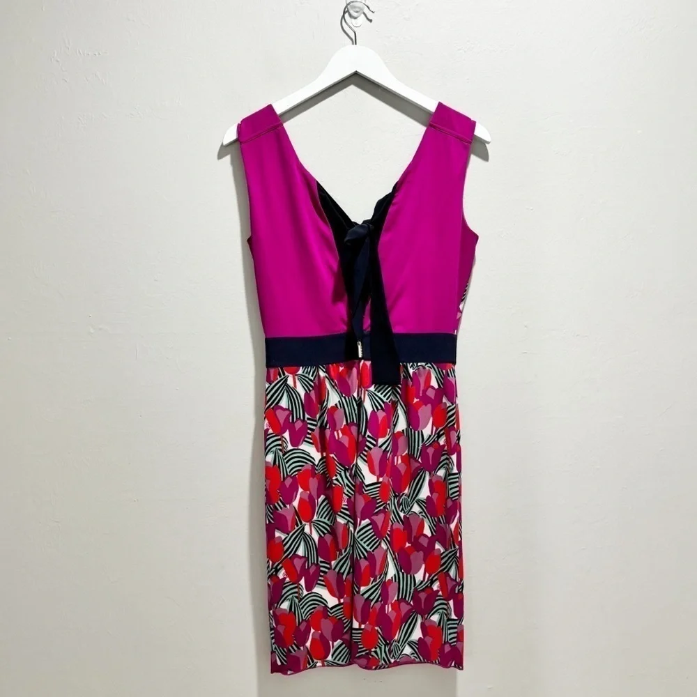 TORY BURCH Women’s Pink Blue Tulip AUGUSTINA Floral V-Neck Logo Dress Tie Sz XS